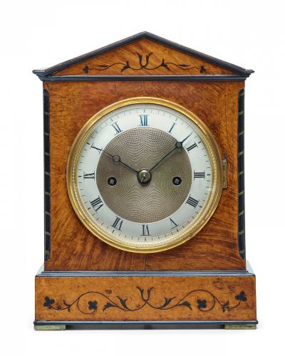 Barwise, London. An inlaid burl wood small Neoclassical table clock