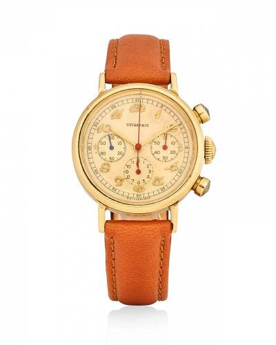 Movado. A 14K gold fine and very rare manual wind wristwatch with chronograph retailed by and signed Tiffany & Co.