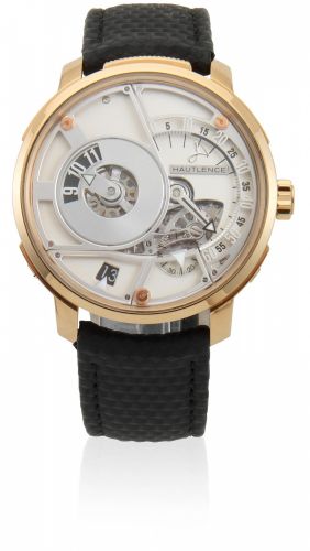 Hautlence. A semi-skeletonised 18K gold and titanium manual wind wristwatch with eccentric dial