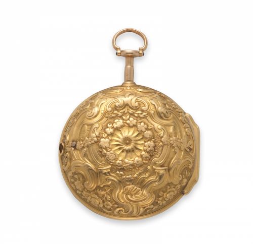 Henry Thomas. A gold key wind pair case pocket watch with repousse decoration
