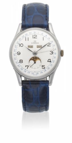 Omega. A stainless steel manual wind triple calendar wristwatch with moon phase