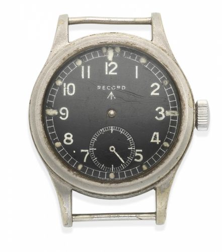 Record. A nickel plated military issue manual wind watch (AF)