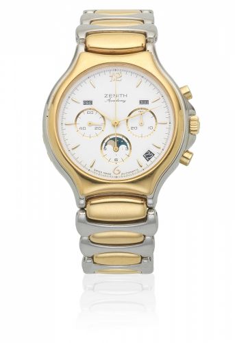 Zenith. A stainless steel and gold automatic triple calendar chronograph bracelet watch with moon phase