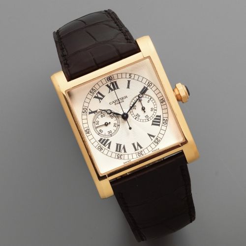 Cartier. A fine and rare 18K rose gold manual wind square single button chronograph wristwatch