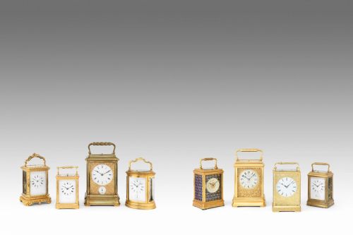 A good late 19th century French striking and repeating enamel decorated engraved brass carriage clock with Patent Surety Roller