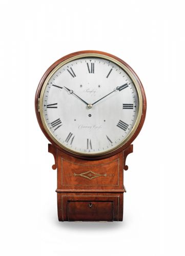 A brass inlaid mahogany wall timepiece