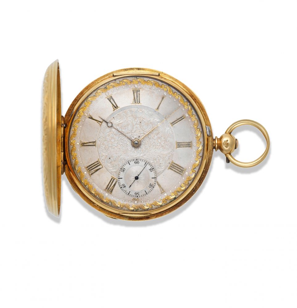 E. J. Dent, London. A good 18K gold key wind full hunter pocket watch with finely engraved case
