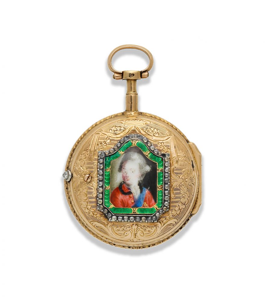Lepine. A continental gold key wind open face pocket watch with painted enamel portrait to reverse