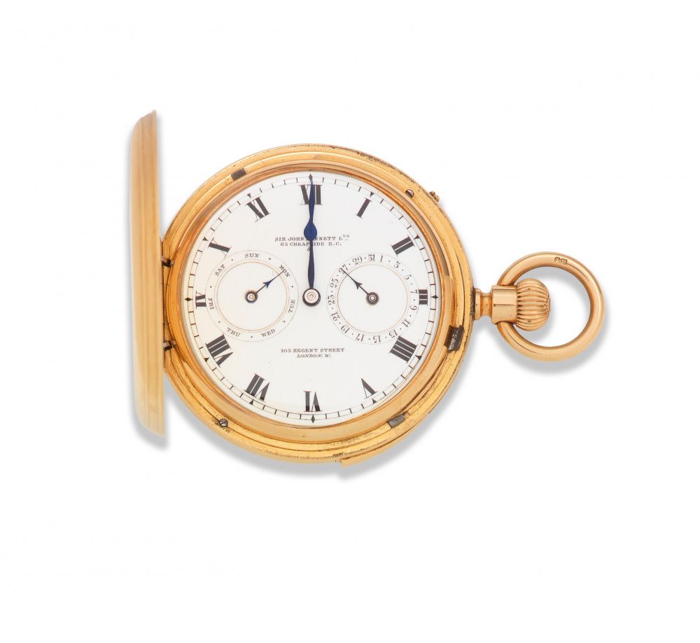 Sir John Bennett Ltd, 65 Cheapside E.C. & 105 Regent St, London. W. An 18K gold keyless wind calendar quarter repeating full hunter pocket watch