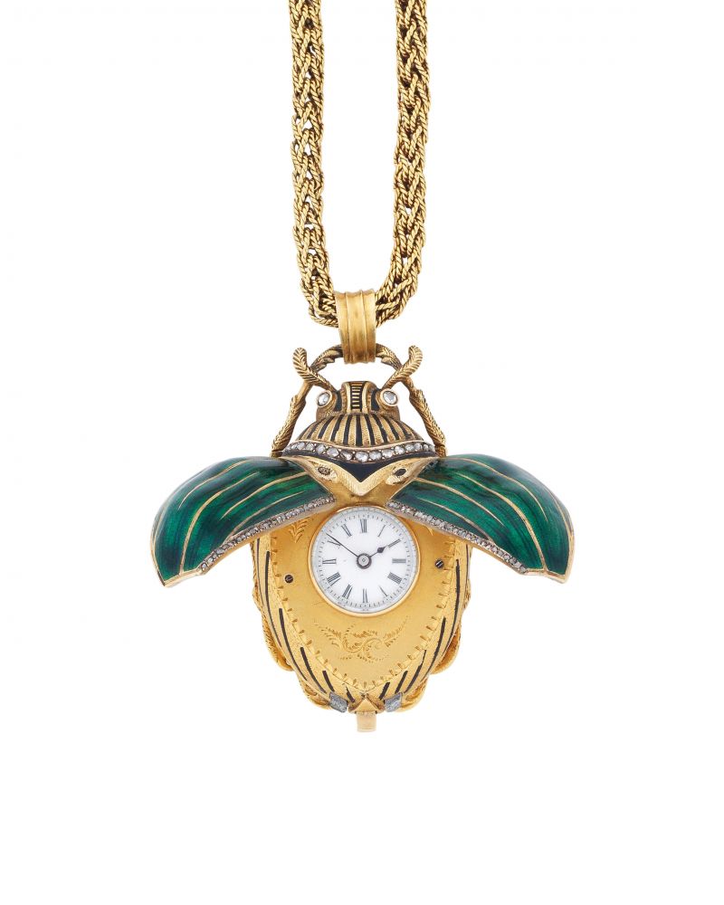 B.Haas Snel, Paris. An unusual and highly detailed gilt metal, enamel and diamond set concealed watch in the form of a beetle