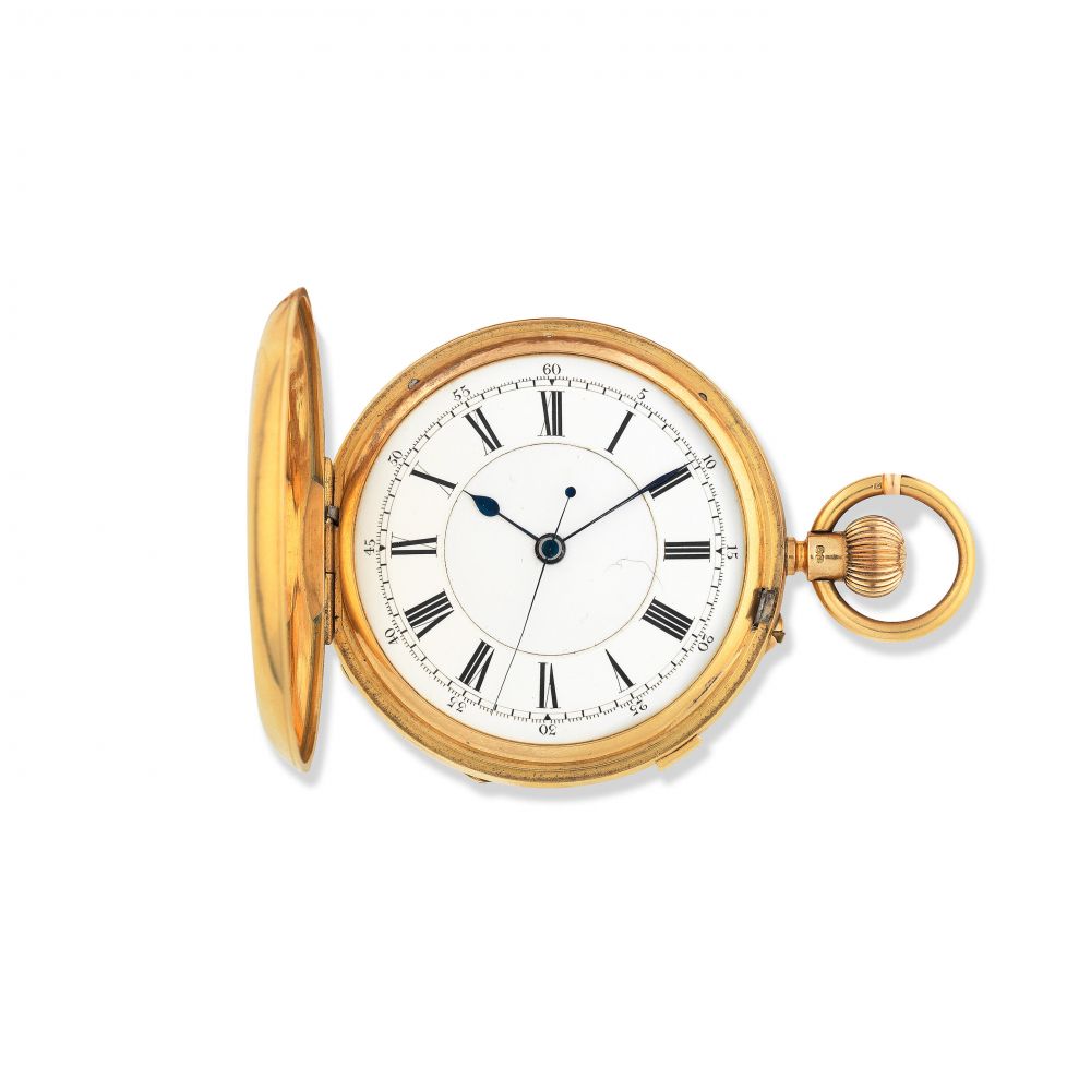 Sir John Bennett Ltd, 65 Cheapside, London. An 18K gold keyless wind full hunter pocket watch with stop/start seconds