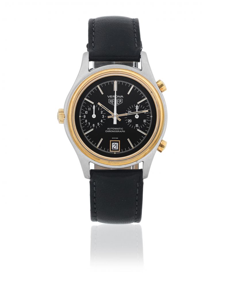 Heuer. A stainless steel and gold plated automatic calendar chronograph wristwatch