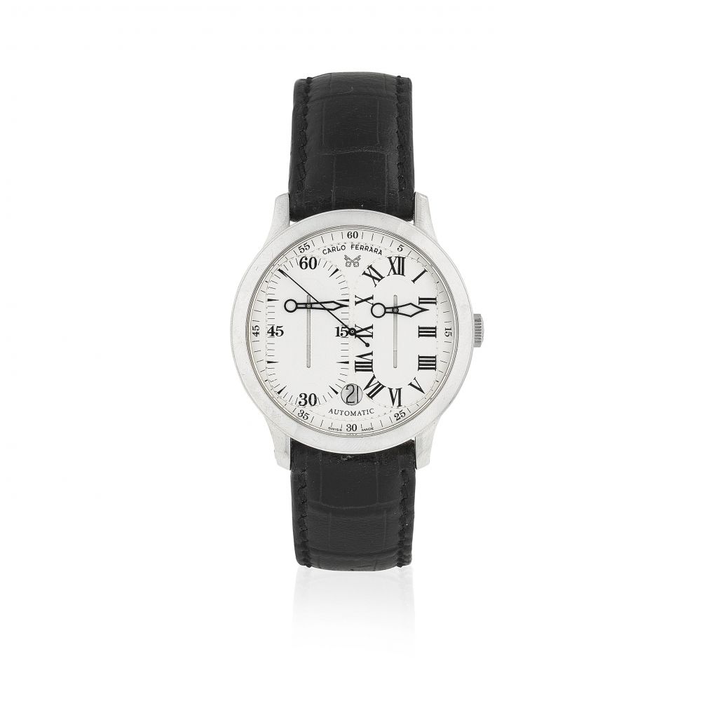 Carlo Ferrara. A stainless steel automatic calendar wristwatch with regulator dial
