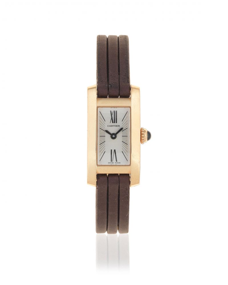 Cartier. A lady's 18K rose gold quartz rectangular wristwatch