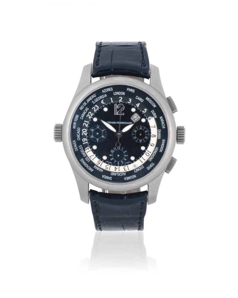 Girard Perregaux. A titanium automatic calendar chronograph wristwatch with world time indication