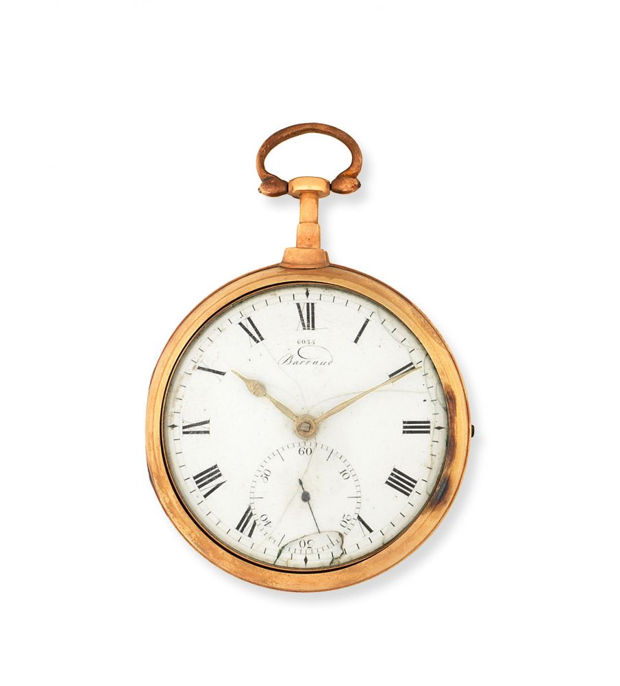 Barraud, Cornhill, London. An 18K gold key wind open face pocket watch with duplex escapement