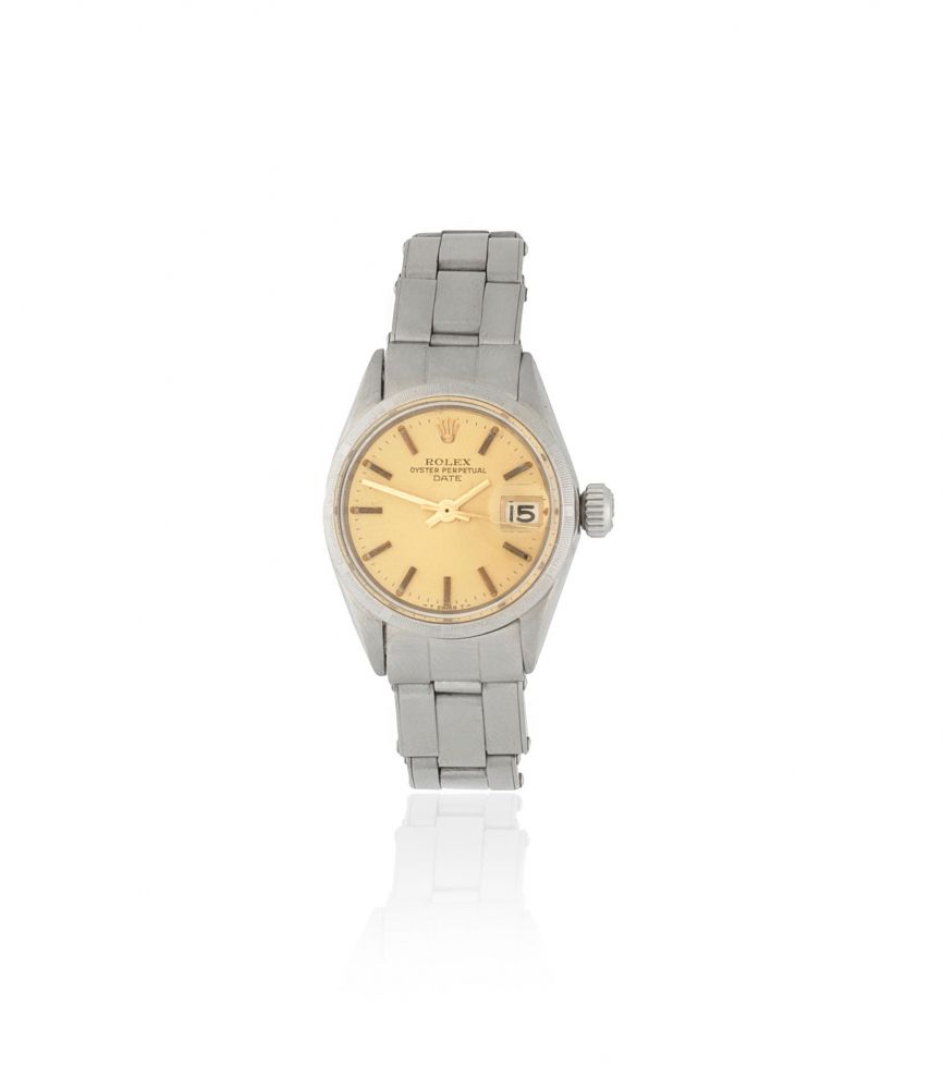 Rolex. A lady's stainless steel automatic calendar bracelet watch