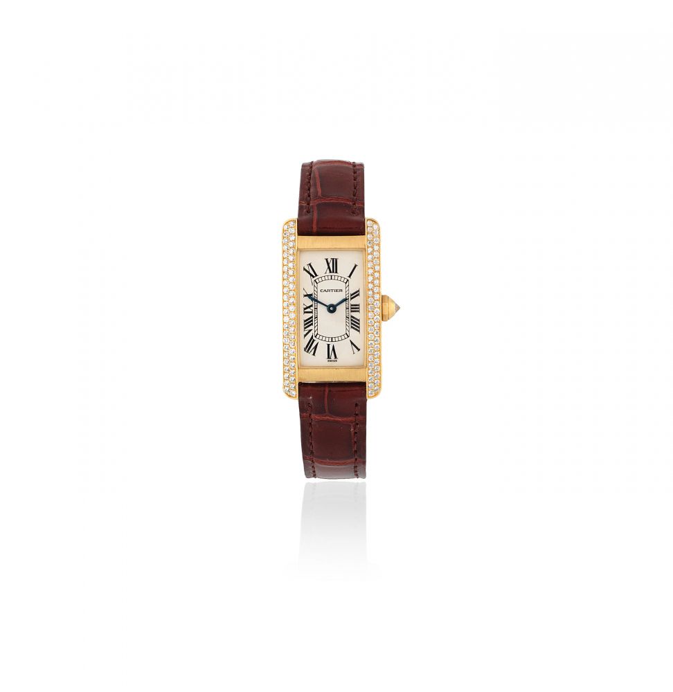 Cartier. A lady's 18K gold and diamond set quartz rectangular wristwatch with new Cartier alligator strap