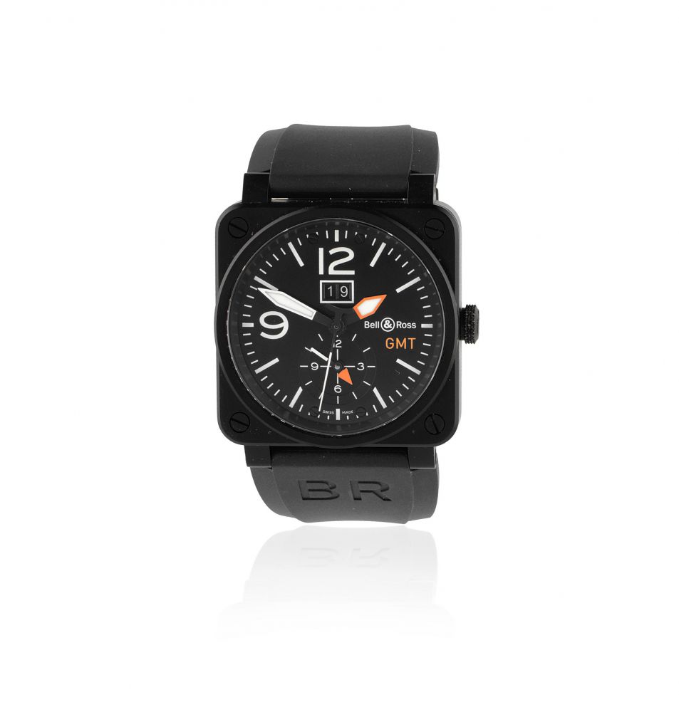 Bell & Ross. A black PVD coated stainless steel automatic calendar wristwatch with dual time zone