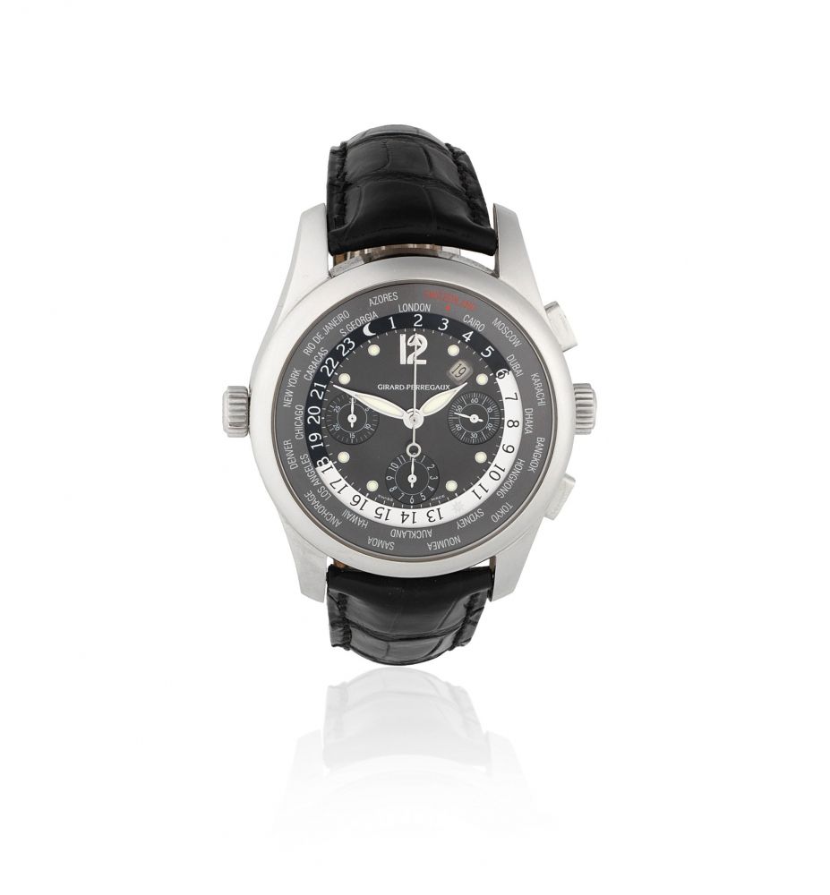 Girard Perregaux. A Limited Edition stainless steel automatic calendar chronograph wristwatch with world time indication