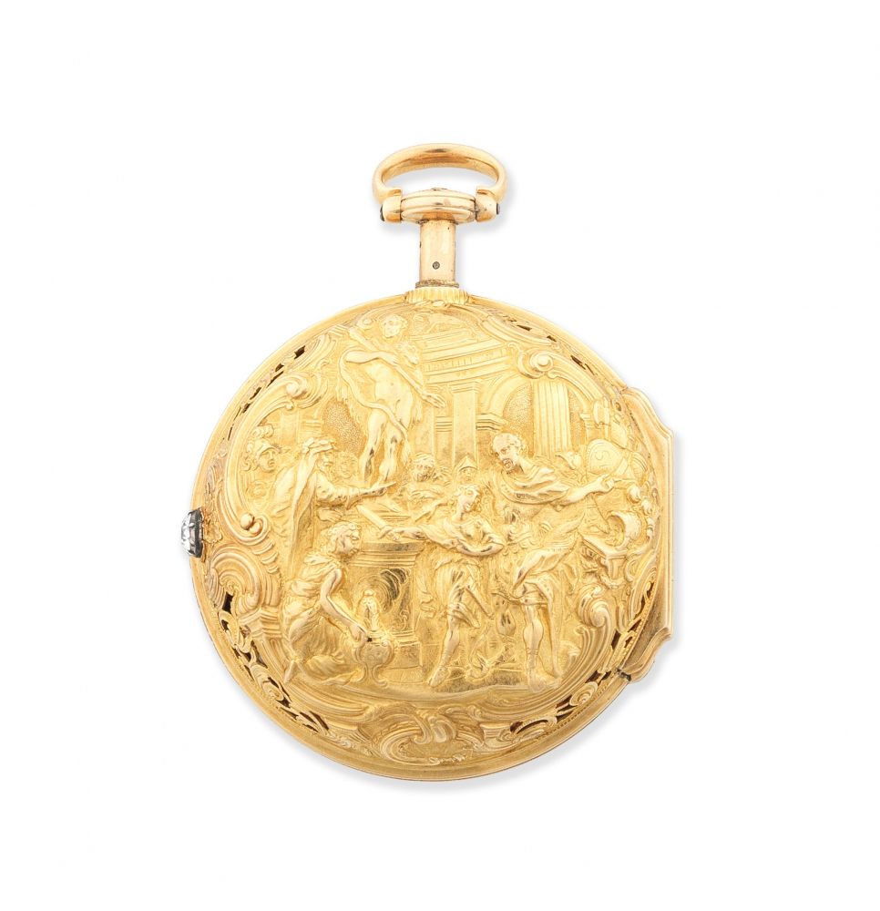 Ellicott, London. A fine 18K gold key wind quarter repeating pair case pocket watch with repousse decoration depicting Hannibal at Nine Years of Age, Swearing Enmity to the Romans