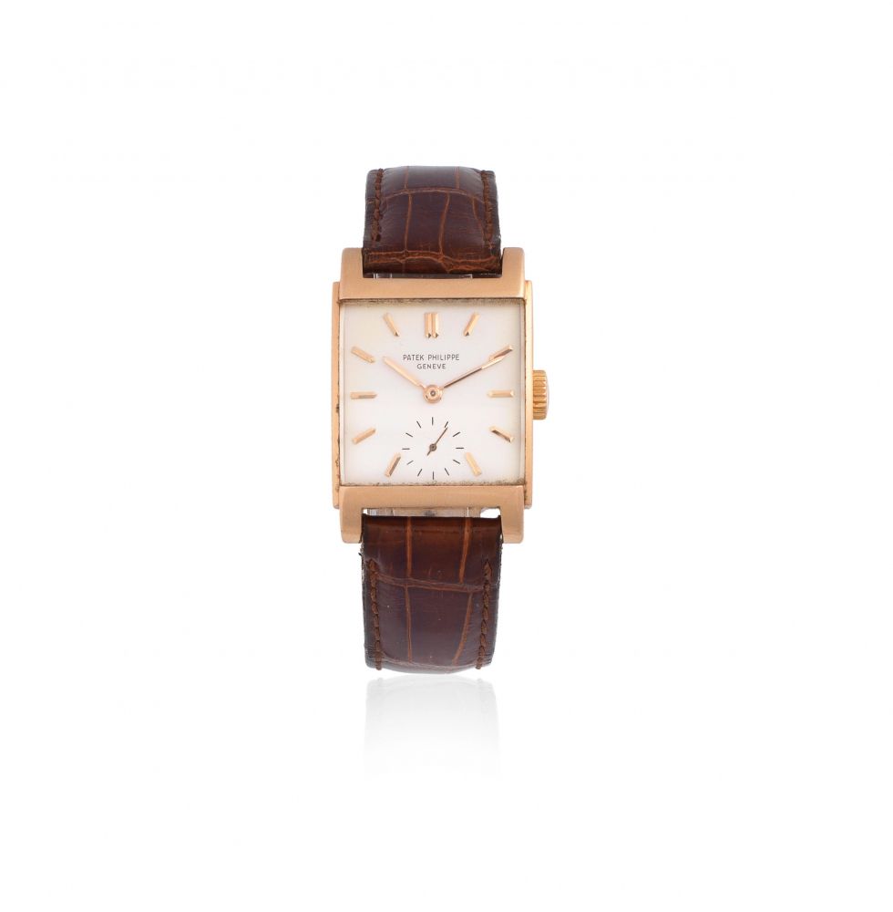Patek Philippe. An 18K rose gold manual wind rectangular wristwatch