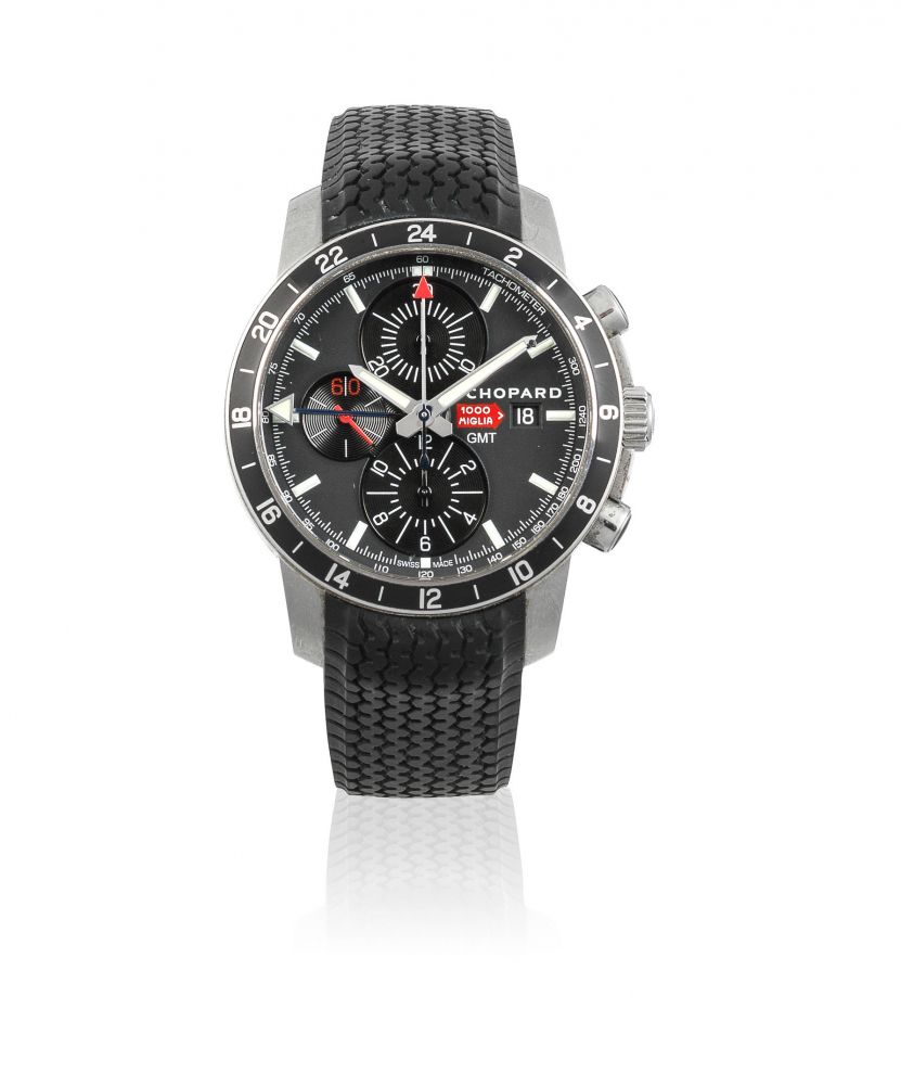 Chopard. A Limited Edition stainless steel automatic calendar chronograph drivers wristwatch with dual time zone