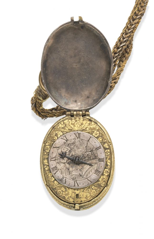 G. Martinot, London. An fine and rare early silver and silver gilt pre-balance spring key wind oval pocket watch