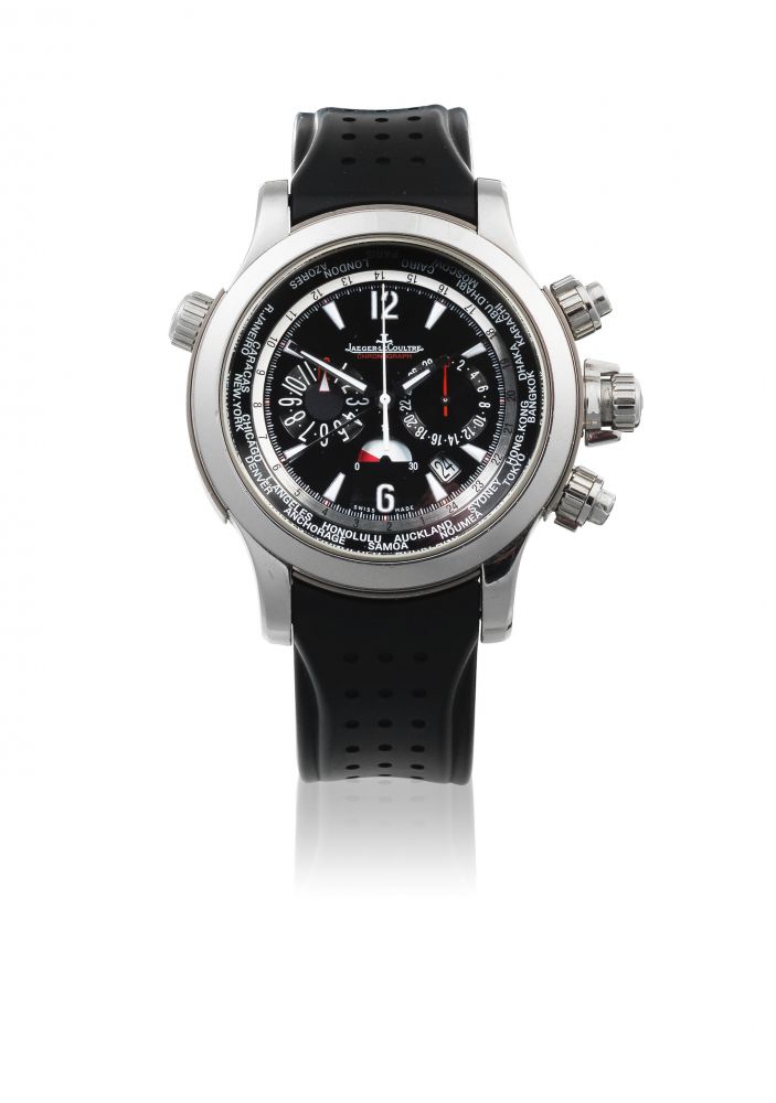 Jaeger-LeCoultre. A stainless steel automatic calendar chronograph wristwatch with world time