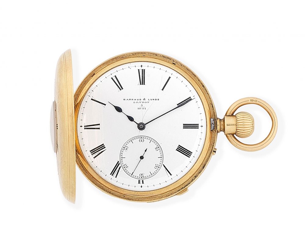 Barraud & Lunds, London. An 18K gold keyless wind half hunter quarter repeating pocket watch