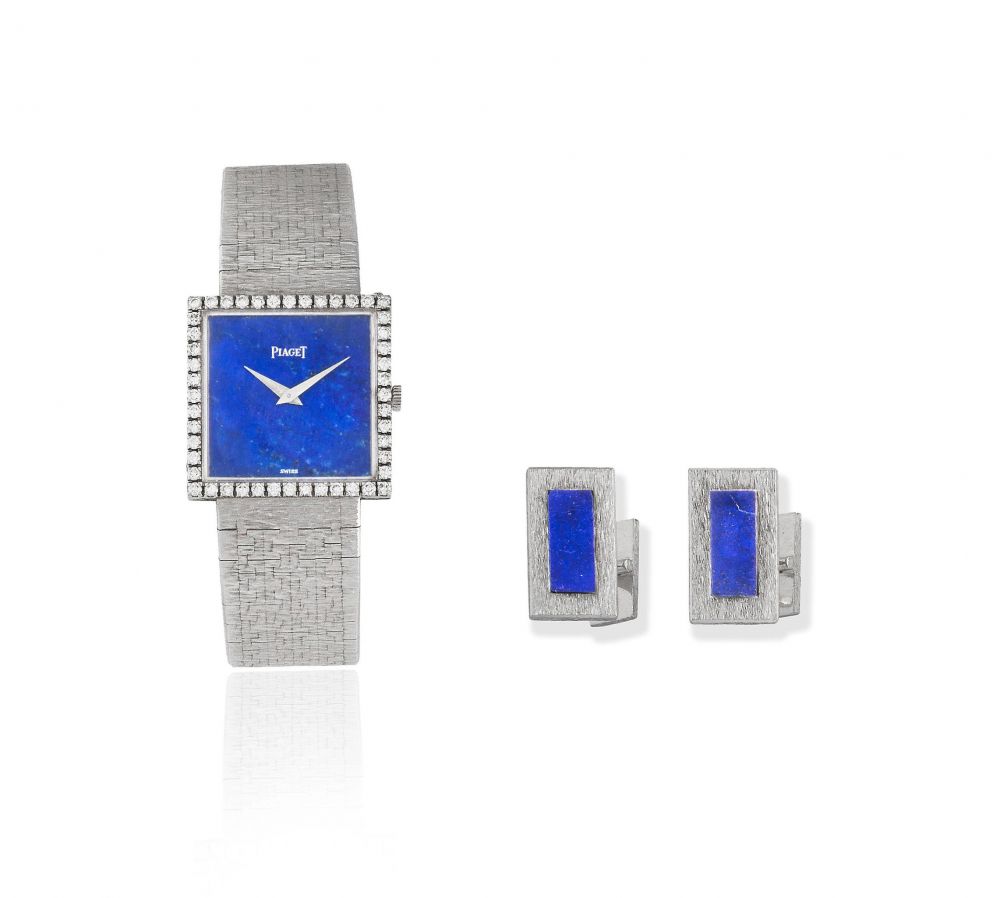 Piaget. An 18K white gold and diamond set manual wind square bracelet watch with lapis lazuli dial and complimenting cuff links