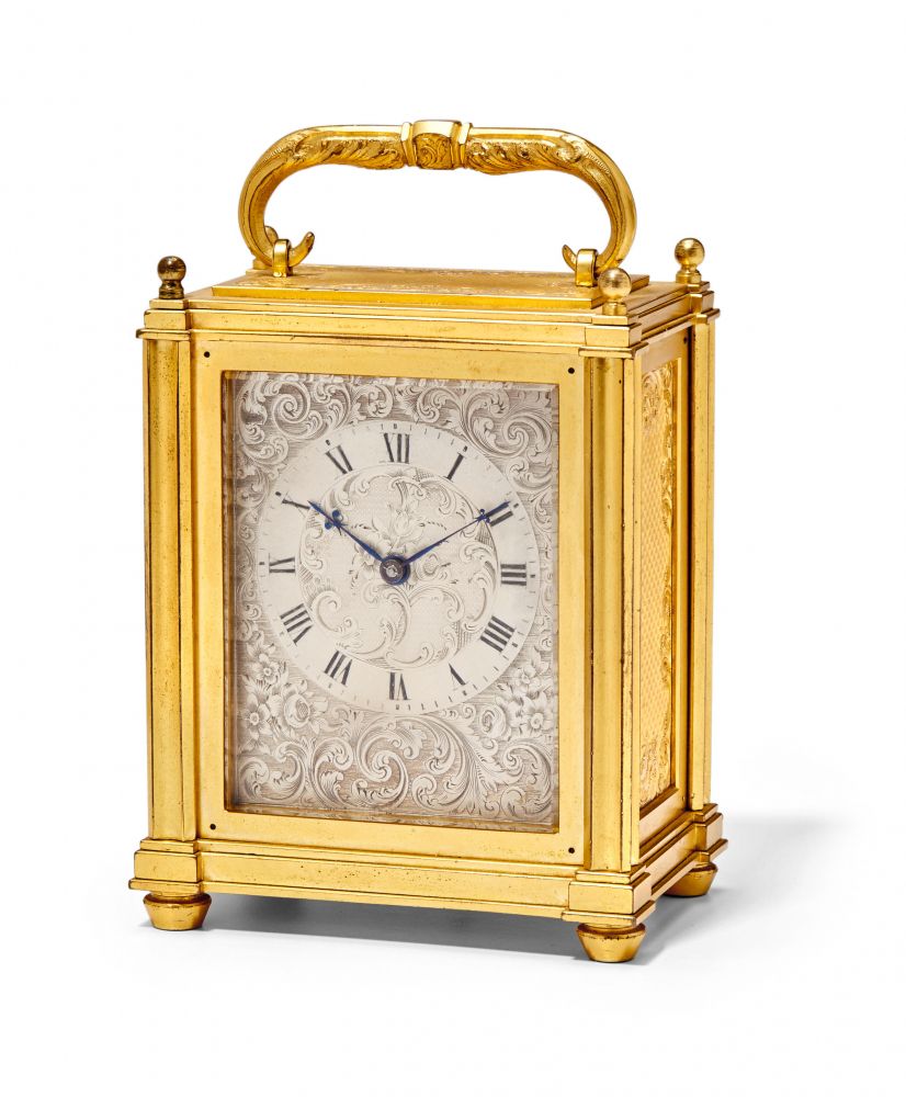 A FINE AND RARE ENGRAVED GILT MINIATURE CARRIAGE TIMEPIECE