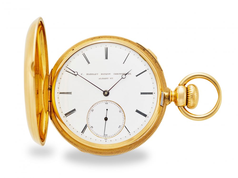 CHARLES FASOLDT, ALBANY, NY. A RARE 18K GOLD HUNTER CASED WATCH WITH CO-AXIAL DOUBLE WHEEL ESCAPEMENT AND HIDDEN KEY WINDING