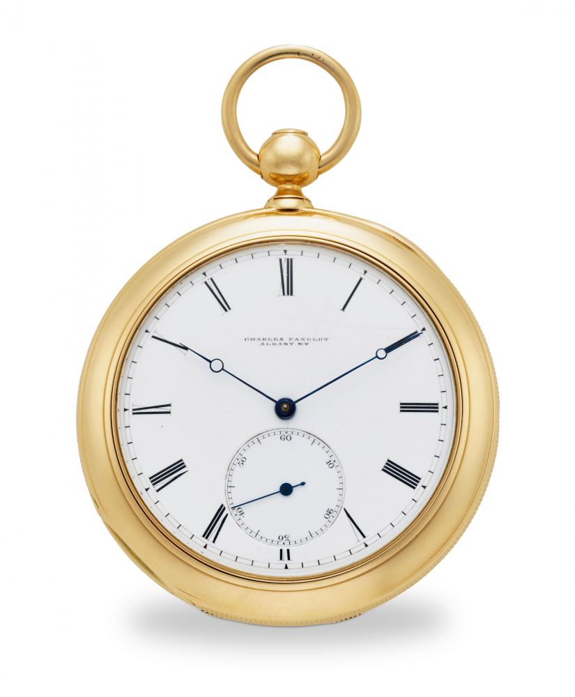 CHARLES FASOLDT, ALBANY, NY. A FINE AND RARE 18K GOLD CABRIOLET CASED WATCH WITH CO-AXIAL DOUBLE WHEEL ESCAPEMENT