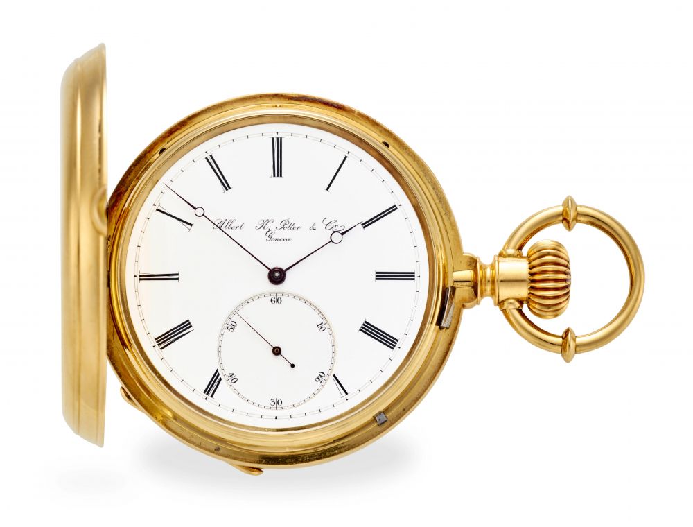 ALBERT H. POTTER & CO., GENEVA. A FINE AND RARE 18K GOLD HUNTER CASED KEYLESS PIVOTED DETENT CHRONOMETER