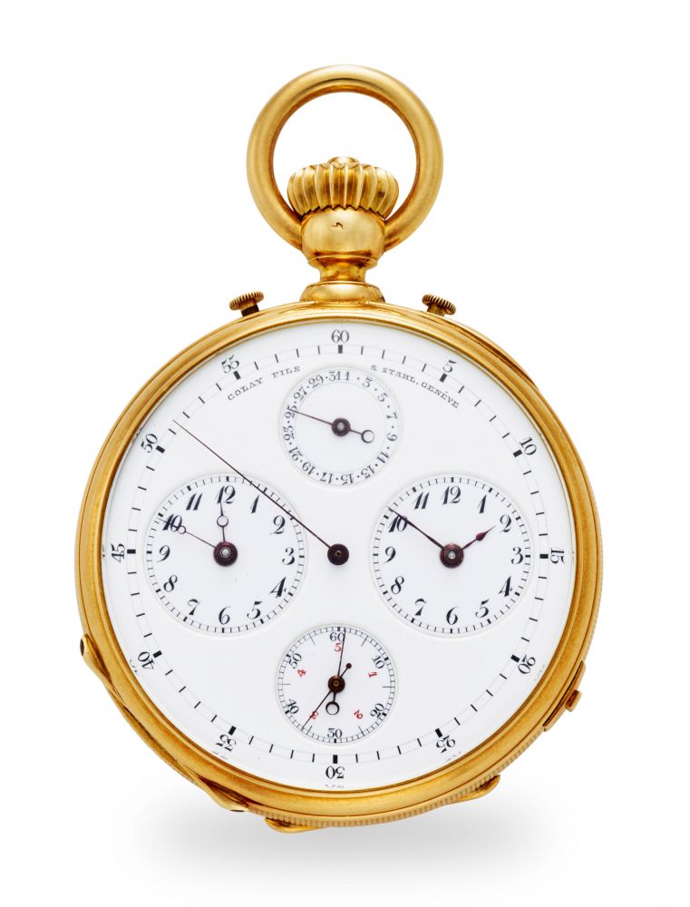GOLAY FILS & STAHL, GENÈVE. A FINE AND RARE 18K GOLD OPEN FACE TWO TRAIN INDEPENDENT DEAD SECONDS KEYLESS LEVER WATCH WITH DUAL TIME, DATE AND JUMP FIFTH SECONDS