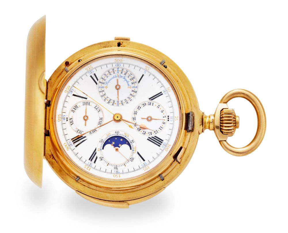 HAAS NEVEUX & CO., GENEVA. A FINE 18K GOLD HUNTER CASED MINUTE REPEATING KEYLESS LEVER WATCH WITH CHRONOGRAPH, PERPETUAL CALENDAR AND MOON PHASE, WITH ORIGINAL GENEVA OBSERVATORY 1ST CLASS BULLETIN DE MARCHE