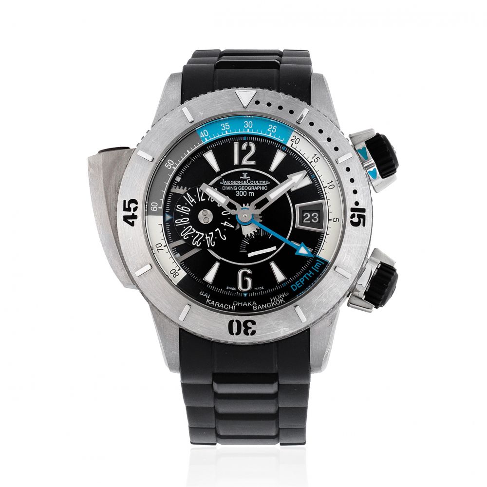 Jaeger-LeCoultre. A stainless steel automatic calendar bracelet watch with dual time to be sold in aid of Charity