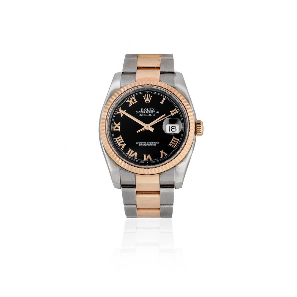 Rolex. A stainless steel and rose gold automatic calendar bracelet watch