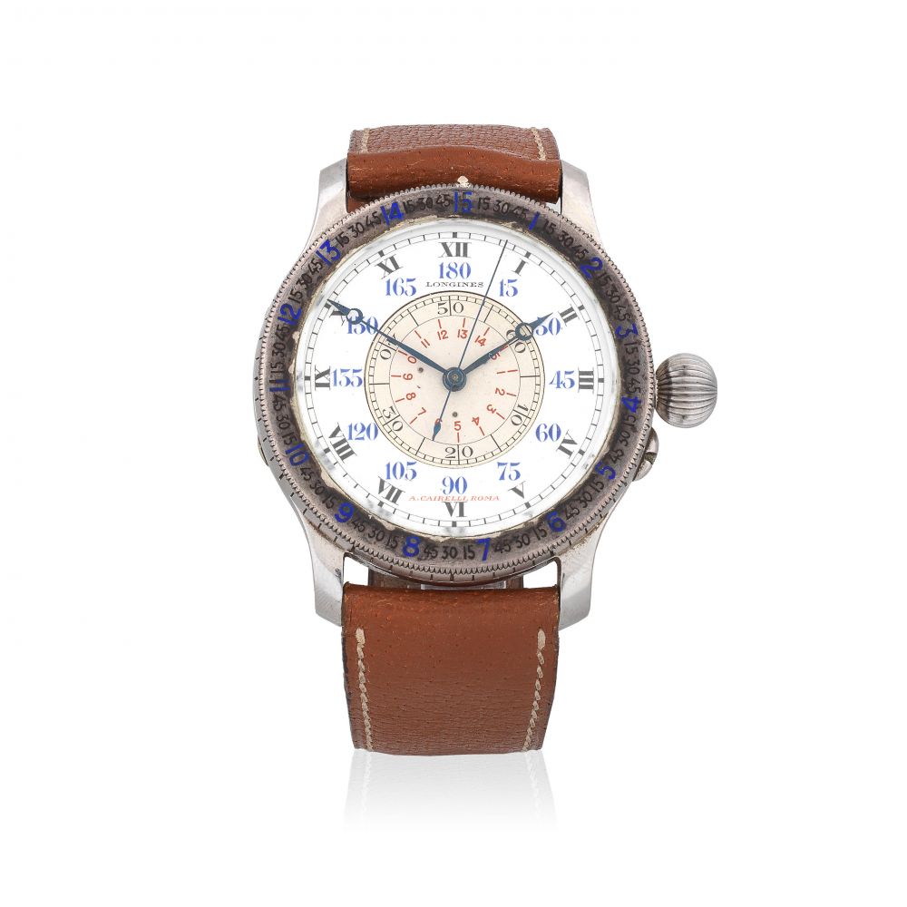 Longines. A stainless steel manual wind pilots hour angle wristwatch retailed by A Cairelli Roma