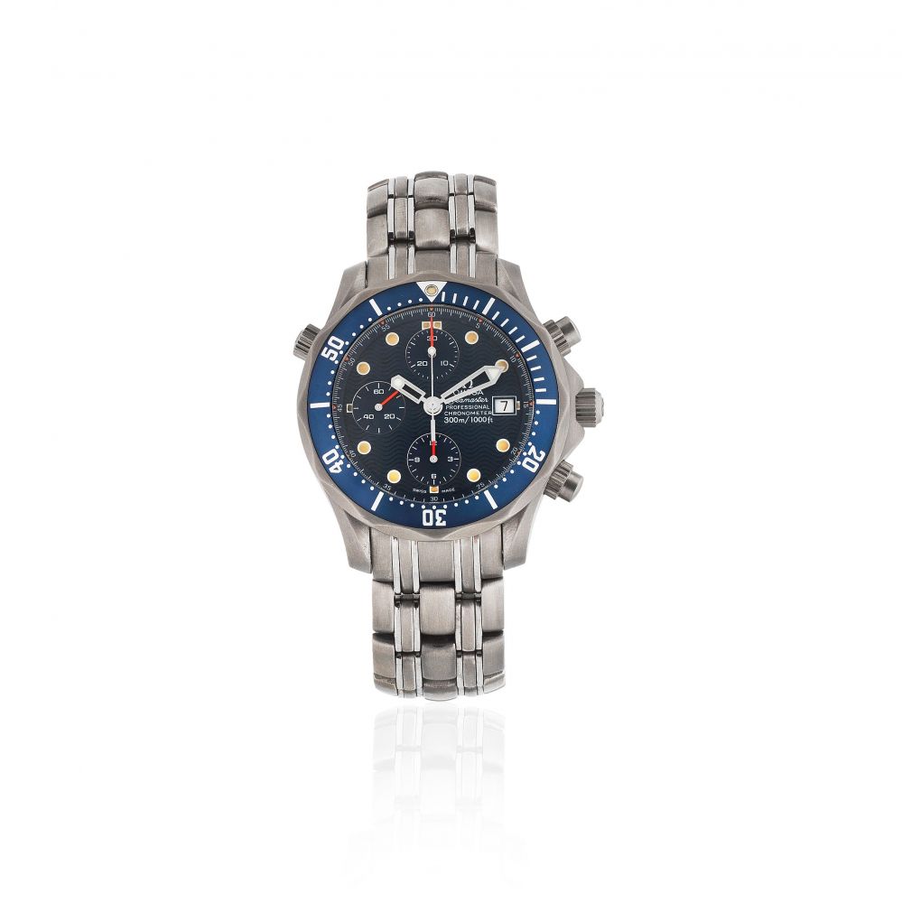 Omega. A titanium automatic calendar chronograph bracelet watch