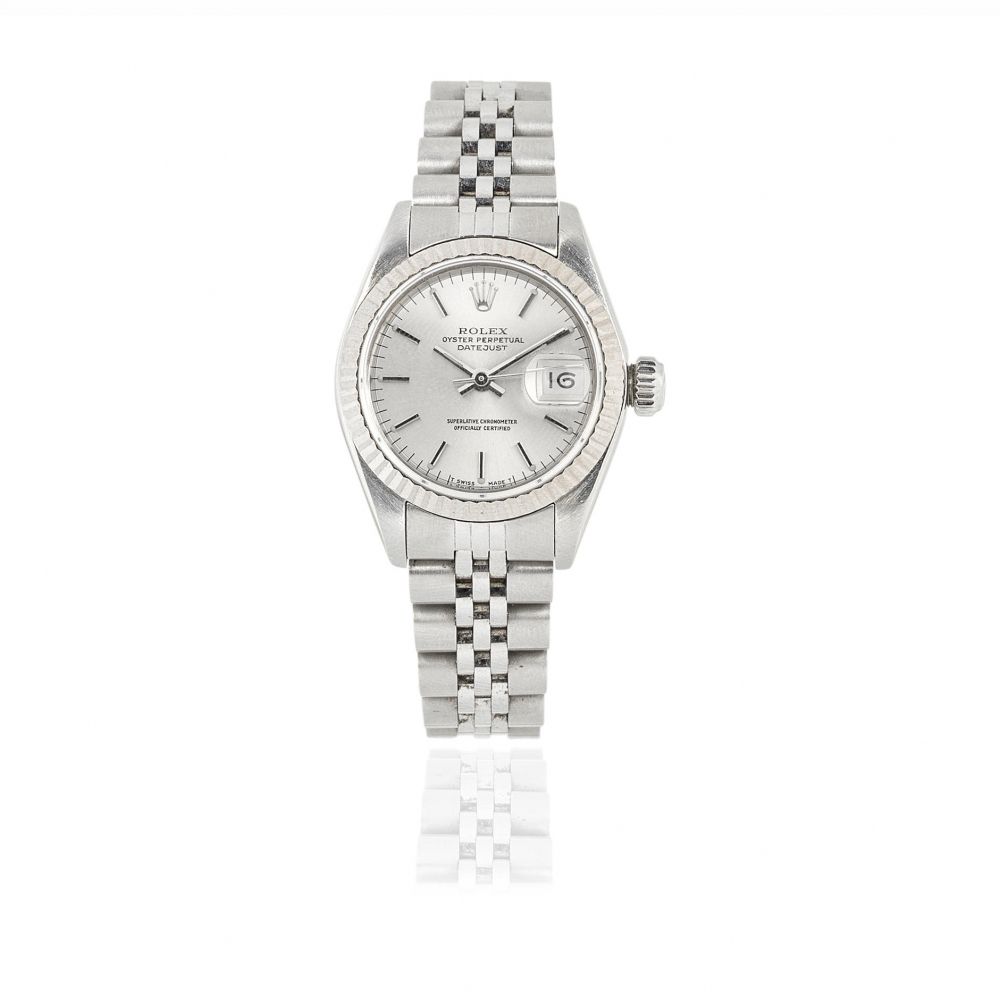 Rolex. A lady's stainless steel and 18K white gold automatic calendar bracelet watch