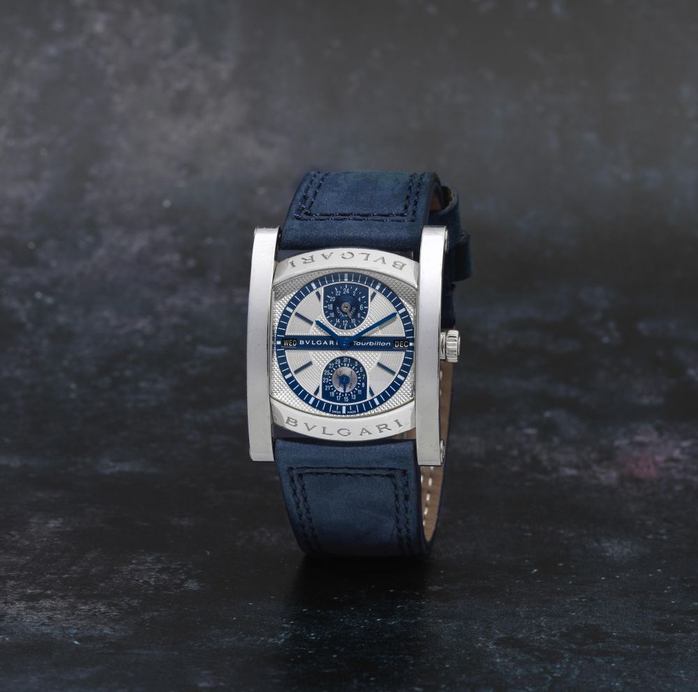 Bulgari. A fine Limited Edition platinum automatic tourbillon wristwatch with perpetual calendar and dual time zone