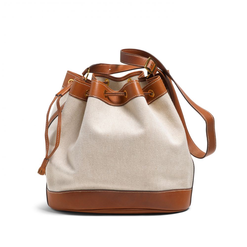 TWO COGNAC LEATHER AND CANVAS BAGS