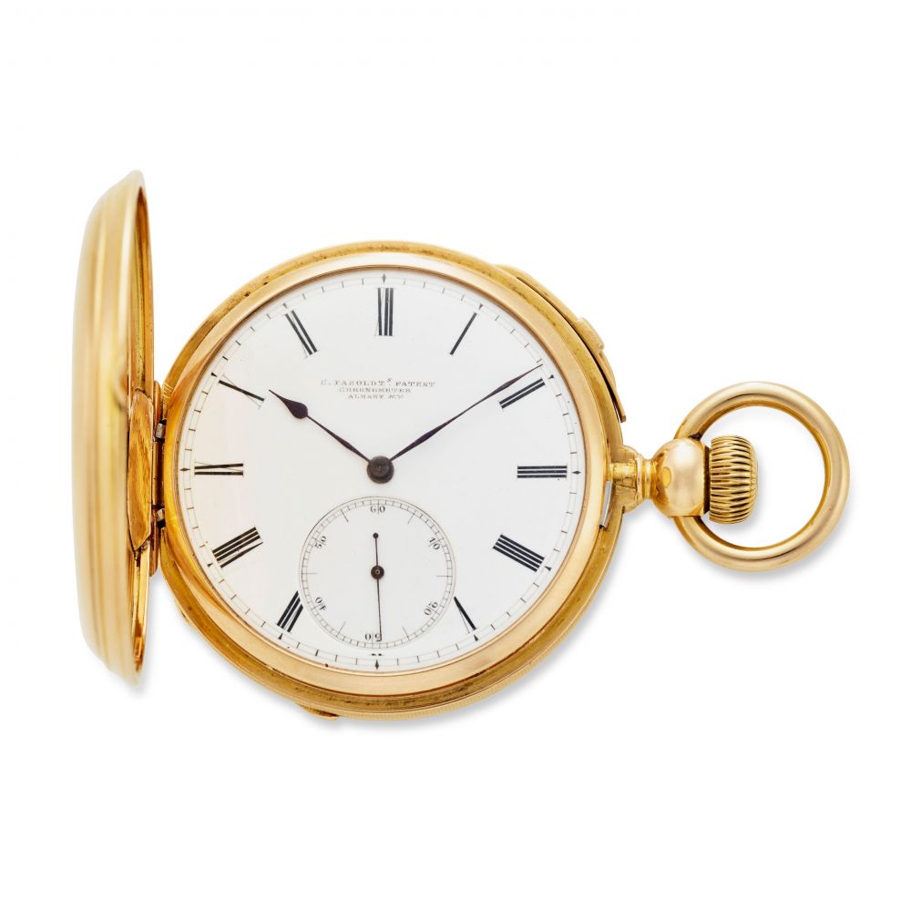 CHARLES FASOLDT, ALBANY, NY. A RARE 18K GOLD HUNTER CASED WATCH WITH CO-AXIAL DOUBLE WHEEL ESCAPEMENT AND HIDDEN KEY WINDING