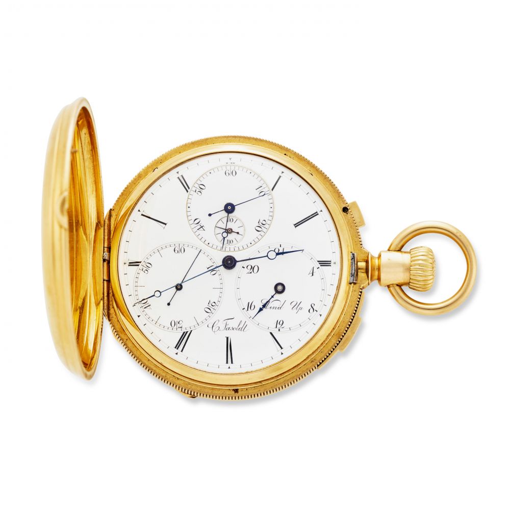 CHARLES FASOLDT, ALBANY NEW YORK. A HIGHLY UNUSUAL GOLD HUNTER CASED TWO TRAIN CHRONOGRAPH WITH JUMP FIFTH SECONDS, MINUTE REGISTER AND WINDING INDICATOR