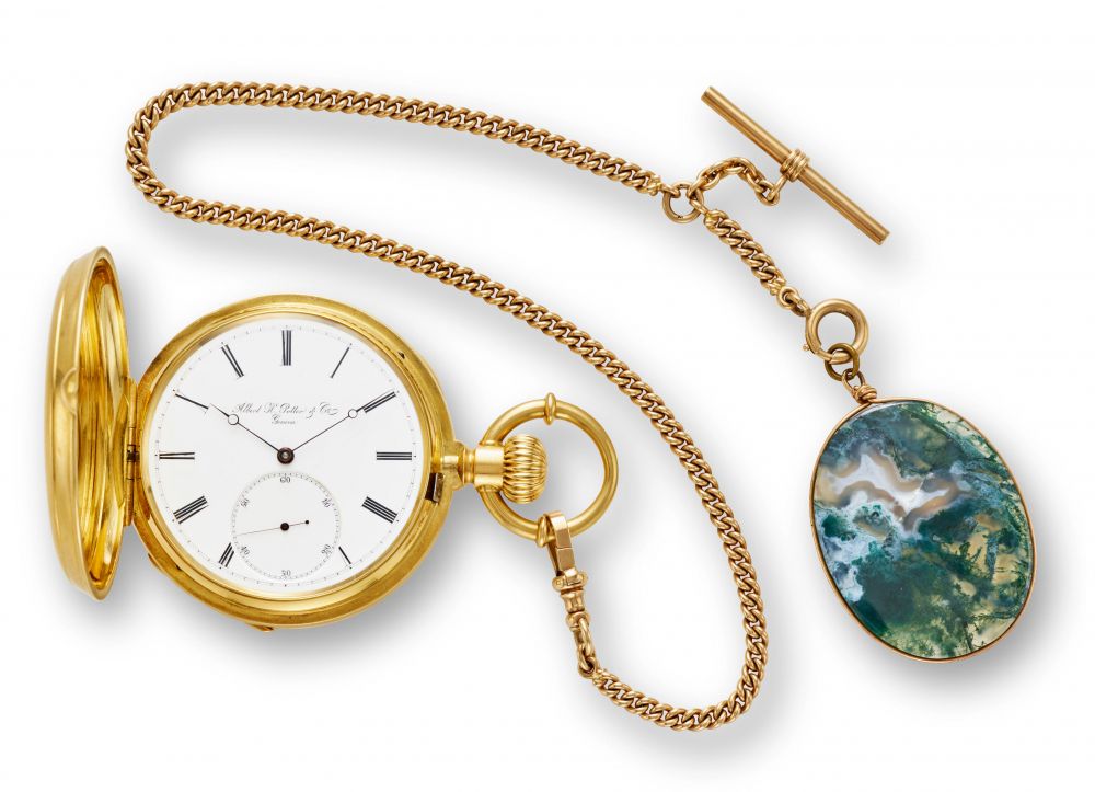ALBERT H. POTTER & CO., GENEVA. A FINE 18K GOLD HUNTER CASED KEYLESS LEVER WATCH AND A CHAIN WITH MOSS AGATE FOB