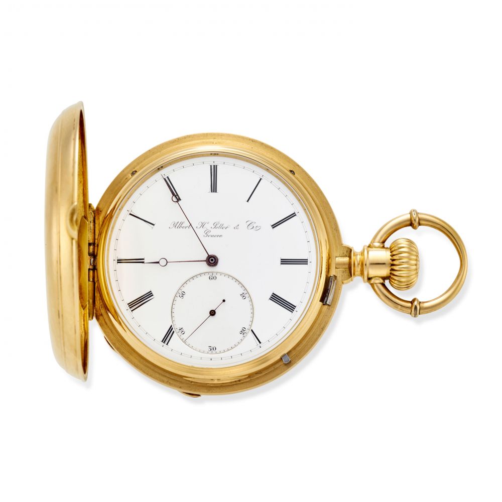 ALBERT H. POTTER & CO., GENEVA. A FINE AND RARE 18K GOLD HUNTER CASED KEYLESS PIVOTED DETENT CHRONOMETER