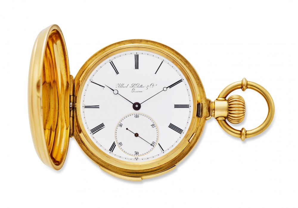 ALBERT H. POTTER & CO. GENEVA. A FINE AND RARE 18K GOLD HUNTER CASED MINUTE REPEATING KEYLESS LEVER WATCH