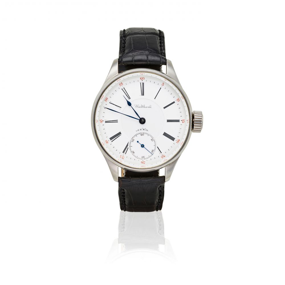 WALTHAM. A STAINLESS STEEL WRISTWATCH CONVERTED FROM A POCKET WATCH